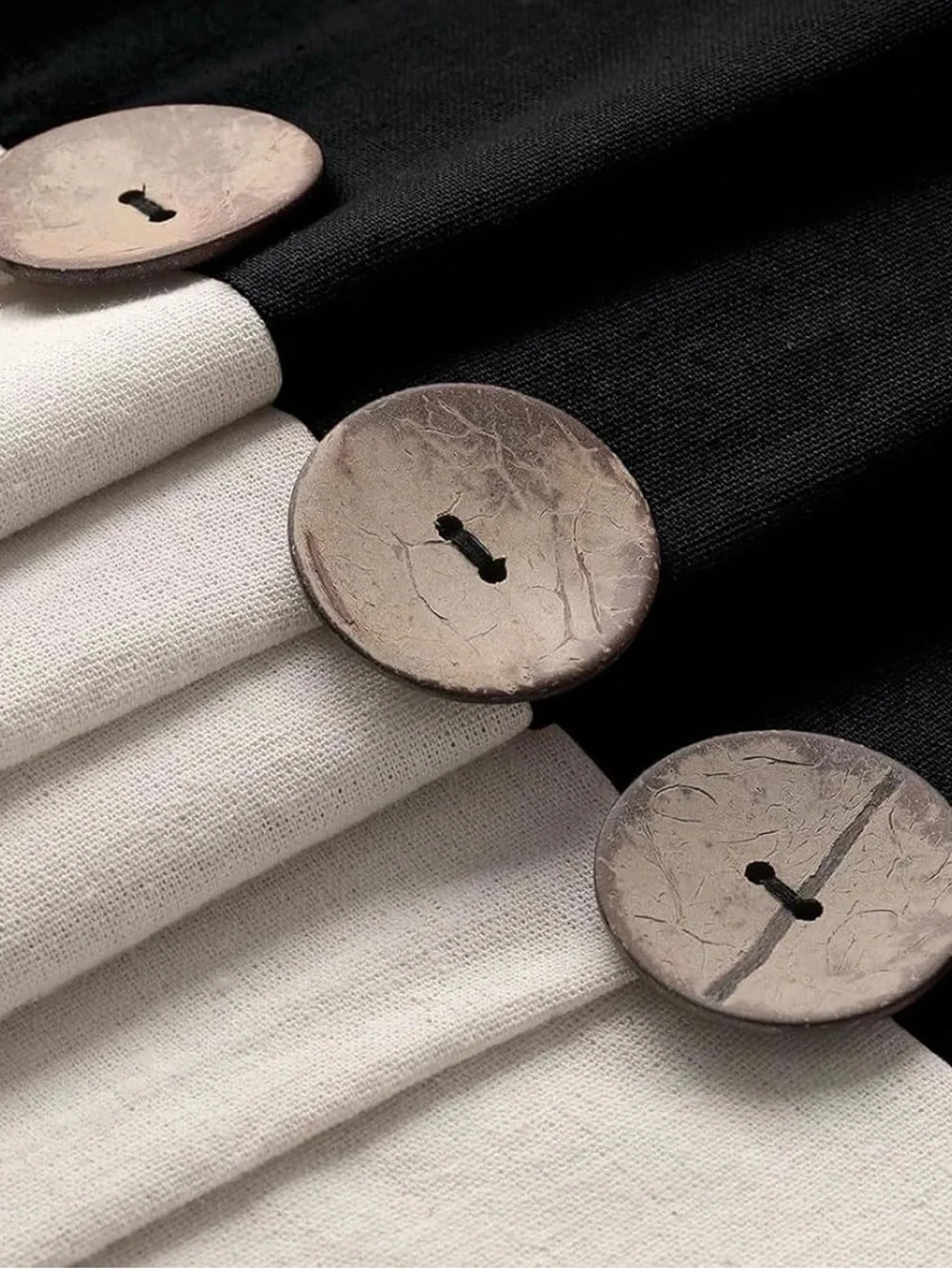 Black and Cream Two-Tone Shower Curtain with Decorative Buttons